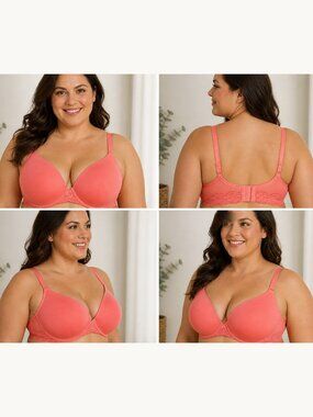 Cacique Cotton Boost Plunge Bra 44DD Pink Lace Trim Excellent Condition